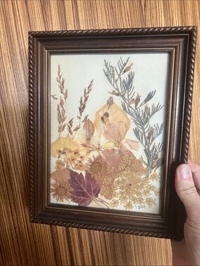 Vintage Pressed Floral Art in Dark Wood Frame - Botanical Wall Decor